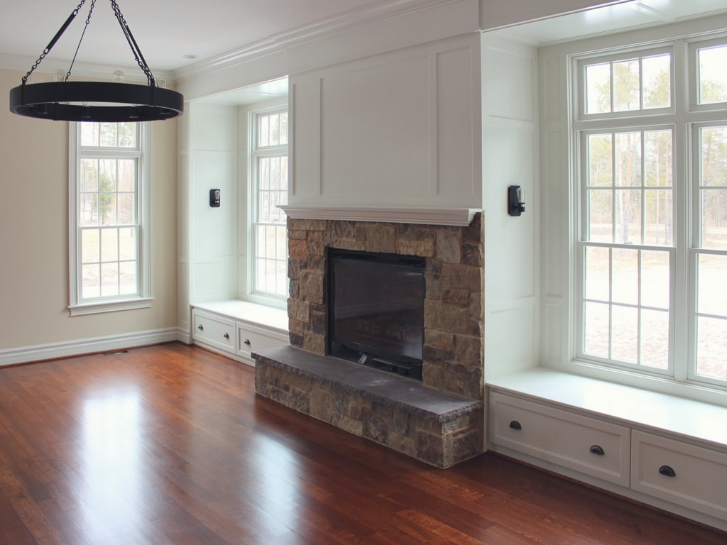 Transitional Great Room with Stone Fireplace, Wainscot Double Window Seats, and Walnut Hardwood Floor Built Exclusively by Morgan Homes of Western New York, Inc.